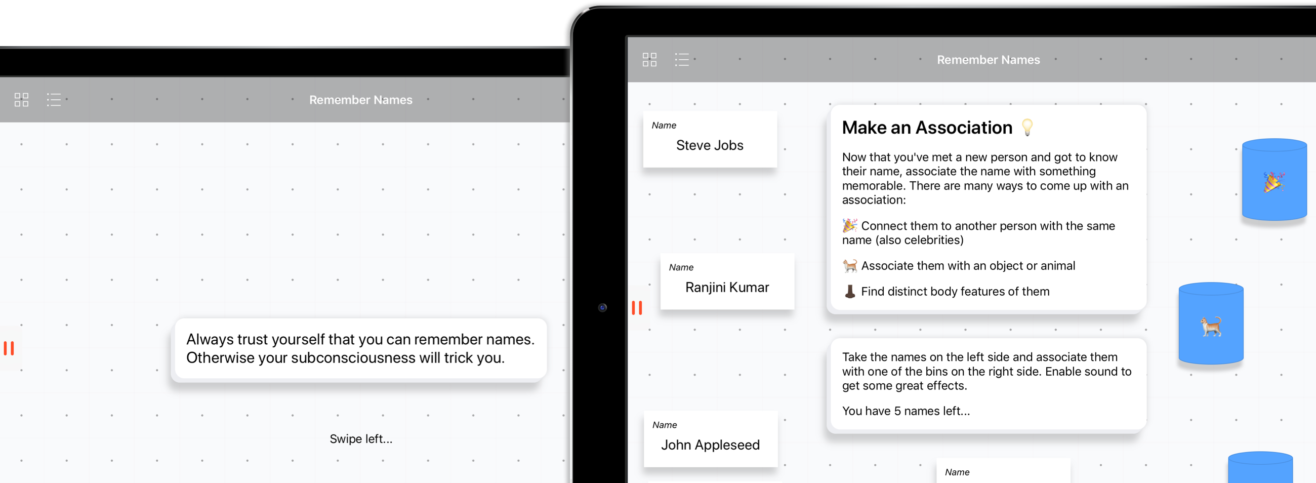 Screenshots of the Remember Names Swift Playground